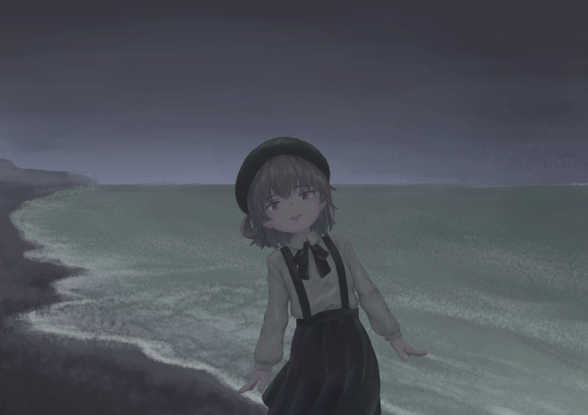 1girl absurdres arms_at_sides beach beret black_headwear black_ribbon black_skirt brown_eyes collared_shirt commentary_request cowboy_shot grey_sky half-closed_eyes hat hatoba_tsugu highres leaning_to_the_side light_blush light_brown_hair long_sleeves looking_at_viewer mizumori_sekizai neck_ribbon ocean open_mouth outdoors pleated_skirt raised_eyebrows ribbon shirt shirt_tucked_in short_hair single_hair_ring skirt sky smile solo suspender_skirt suspenders tsugu_(vtuber) virtual_youtuber white_shirt