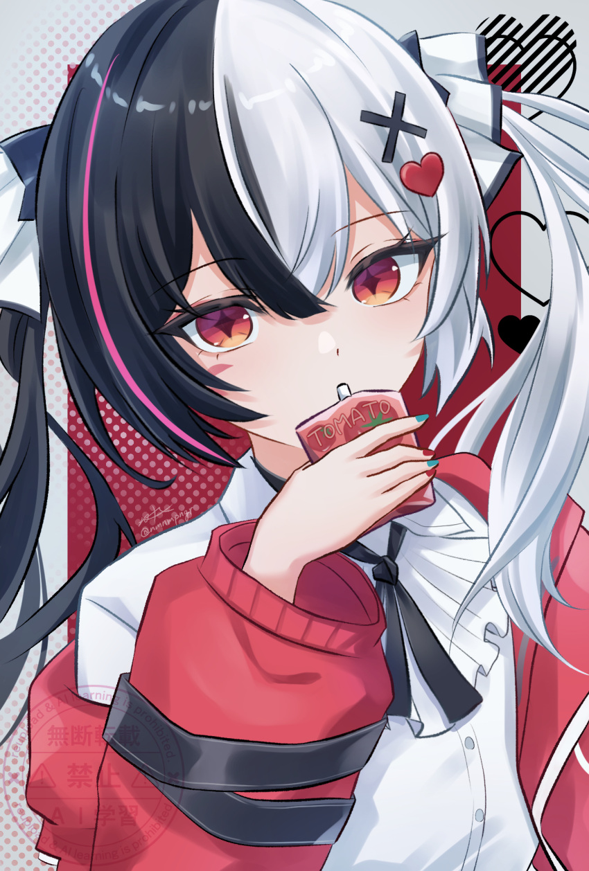 1girl black_hair bow commentary_request drink_carton hair_bow hair_ornament heart heart_hair_ornament highres holding holding_drink_carton holding_juice_box jacket juice_box lacrimosa_(neverness_to_everness) looking_at_viewer multicolored_hair neverness_to_everness nmnmpngr off_shoulder orange_eyes red_jacket shirt solo split-color_hair star-shaped_pupils star_(symbol) symbol-shaped_pupils twitter_username upper_body white_bow white_hair white_shirt