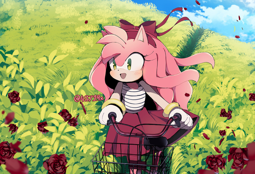 1girl alternate_costume alternate_hairstyle amy_rose bicycle blue_sky bow burgundy_skirt facing_viewer flower gloves green_eyes ground_vehicle long_hair open_mouth outdoors petals red_bow red_flower red_rose rellyia riding riding_bicycle rose shirt skirt sky solo sonic_(series) striped striped_shirt watermark white_gloves white_shirt