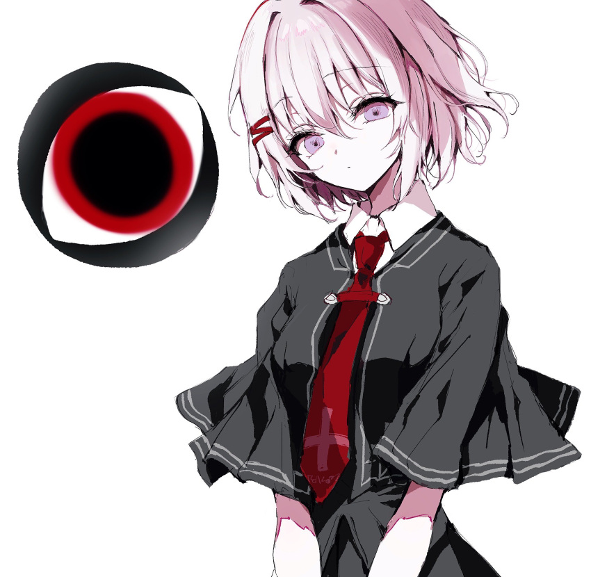 1girl black_capelet capelet collared_shirt creature expressionless eyeball hair_between_eyes hair_ornament hairclip highres looking_at_viewer necktie otonashi_ayana pale_skin red_necktie shirt short_hair simple_background solo tsui_no_sora tsui_no_sora_(remake) violet_eyes white_background white_hair white_shirt yuyuyuyhz