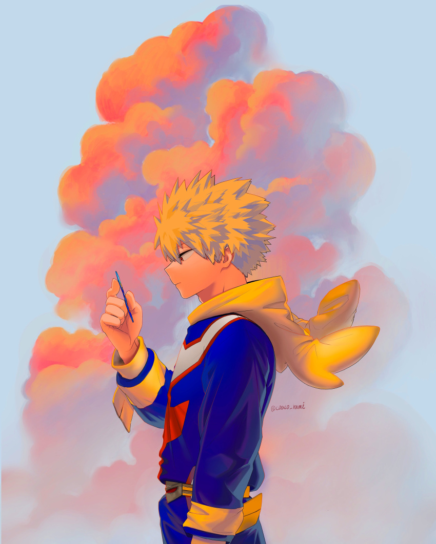 1boy absurdres arm_at_side bakugou_katsuki blonde_hair blue_sky boku_no_hero_academia card character_costume closed_mouth clouds cloudy_sky coaco_rami commentary_request cumulonimbus_cloud eyes_visible_through_hair floating_clothes floating_hair from_side hand_up highres holding holding_card hood hood_down korean_commentary long_sleeves male_focus onesie orange_clouds profile red_eyes revision short_hair sky sky_background solo spiky_hair spoilers trading_card twitter_username upper_body wind