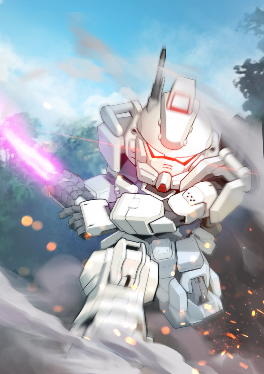 absurdres beam_saber blue_sky charging_forward clouds deformed dust_cloud embers glowing glowing_eyes gundam gundam_08th_ms_team gundam_ez8 highres holding holding_sword holding_weapon looking_at_viewer mecha mobile_suit motion_blur no_humans outdoors radio_antenna red_eyes robot science_fiction sd_gundam sky solo sword tree weapon zakuma