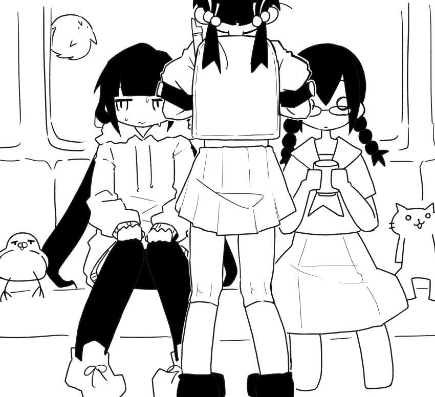 3girls animal backpack bag bird blunt_bangs braid cat closed_mouth commentary crossover cup expressionless facing_another glasses greyscale hair_bobbles hair_ornament hands_on_lap hands_up highres holding holding_cup hood hood_down hoodie instrument jitome kaai_yuki kneehighs kneepits knees_together_feet_apart kyoufuu_all_back_(vocaloid) lag_train_(vocaloid) long_hair long_skirt long_sleeves looking_away low_twintails medium_hair mondoriaan_takeshi monochrome multiple_girls nervous o_o osage_(inabakumori) pigeon pigeon-toed pleated_skirt puffy_short_sleeves puffy_sleeves raised_eyebrows randoseru recorder school_uniform serafuku shoes short_sleeves sitting skirt sneakers socks strobe_light_(vocaloid) sweat thigh-highs train_interior twin_braids twintails vocaloid wavy_mouth yunomi