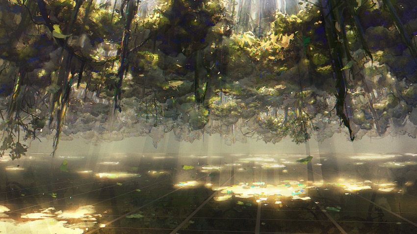 absurdres chinese_commentary commentary_request cyberspace falling_leaves forest game_cg girls_frontline highres leaf light_rays manha_utsutsuki nature no_humans official_art plant reflective_floor scenery spoilers tree upside-down upside-down_world vines