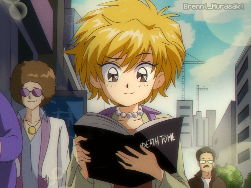 1990s_(style) 1girl 2boys backpack bag blonde_hair blue_sky book brenni_murasaki brown_eyes building closed_mouth death_note death_tome holding holding_book jewelry lisa_simpson multiple_boys necklace pearl_necklace retro_artstyle sky smile the_simpsons upper_body urban