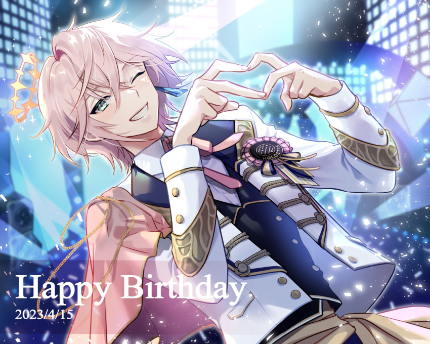 1boy award_ribbon black_vest blush capelet chain collared_shirt crossed_bangs dated dutch_angle earrings glowstick green_eyes grin hair_between_eyes halo happy_birthday heart heart_hands highres holostars idol idol_clothes jacket jewelry light_particles looking_at_viewer luma8b male_focus neck_ribbon official_alternate_costume one_eye_closed open_clothes open_jacket pink_capelet pink_hair pink_ribbon ribbon rikka_(holostars) sash shirt short_hair shoulder_cape single_earring smile solo stage upper_body vest virtual_youtuber white_jacket white_shirt yellow_sash