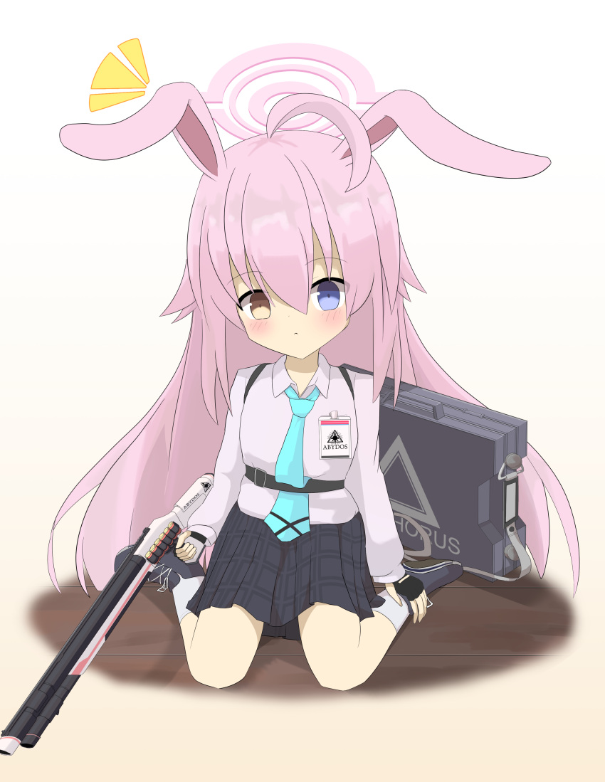 1girl absurdres ahoge animal_ears blue_archive blue_eyes bow bowtie breasts collar crossed_bangs detached_collar gun hair_between_eyes hair_flaps halo heterochromia highres holding holding_tray hoshino_(blue_archive) huge_ahoge kneeling leotard long_hair looking_at_viewer pink_hair rabbit_ears rabbit_tail rifle school_uniform simple_background smile solo supafe tail tray weapon white_background yellow_eyes