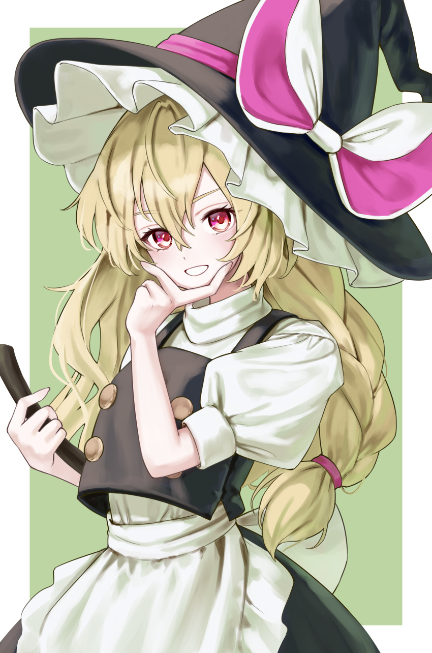 1girl absurdres apron black_vest blonde_hair bow braid grey_background grin hair_between_eyes hand_on_own_face hat hat_bow highres holding kirisame_marisa long_hair looking_at_viewer pink_eyes puffy_short_sleeves puffy_sleeves short_sleeves simple_background smile solo teeth torinari_(dtvisu) touhou turtleneck unfinished_dream_of_all_living_ghost very_long_hair vest waist_apron witch_hat