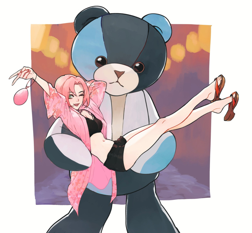 1girl 1other black_sports_bra breasts carrying chinese_commentary commentary_request goma307 green_eyes highres jacket medium_breasts naruto_(series) naruto_shippuuden navel one_eye_closed pink_hair pink_jacket pink_nails princess_carry sandals short_hair short_shorts shorts smile sports_bra stuffed_animal stuffed_toy teddy_bear tongue tongue_out v