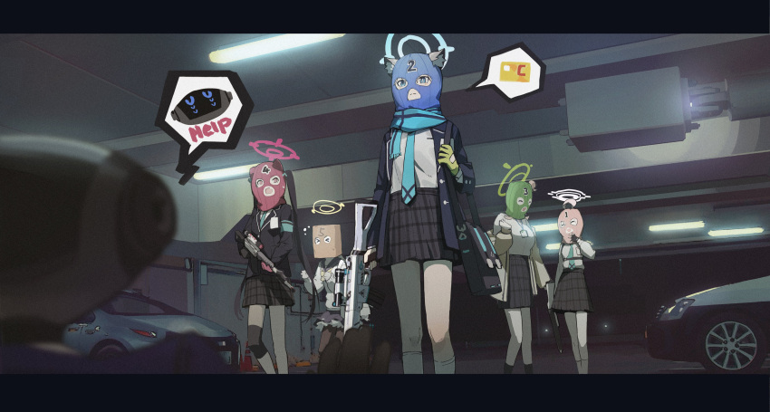&gt;_&lt; 1other 5girls absurdres ahoge android_(blue_archive) animal_ear_fluff animal_ears aqua_necktie assault_rifle bag_over_head balaclava beretta_1301 beretta_ar70 black_dress blue_archive blue_eyes blue_scarf border bow bowtie car dress gun halo hifumi_(blue_archive) highres holding holding_gun holding_weapon hoshino_(blue_archive) indoors jacket kneehighs lang_(mask) letterboxed motor_vehicle multiple_girls necktie nonomi_(blue_archive) open_clothes open_jacket open_mouth pleated_skirt rifle scarf school_uniform serika_(blue_archive) shiroko_(blue_archive) sig_sauer_556 skirt socks spoken_expression spoken_object weapon wolf_ears yellow_bow yellow_bowtie