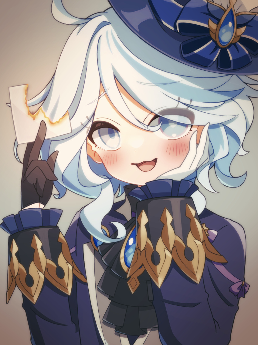 1girl :3 absurdres ahoge ascot asymmetrical_gloves black_ascot black_gloves blue_eyes blue_hair blue_hat blue_jacket blush burning burning_paper commentary_request double-parted_bangs furina_(genshin_impact) genshin_impact gloves gradient_background grey_background hair_between_eyes hair_intakes hat heterochromia highres holding holding_paper jacket long_sleeves looking_at_viewer medium_hair mismatched_gloves multicolored_hair open_mouth paper petako_(ptpt_k) sidelocks simple_background solo streaked_hair tilted_headwear upper_body white_gloves
