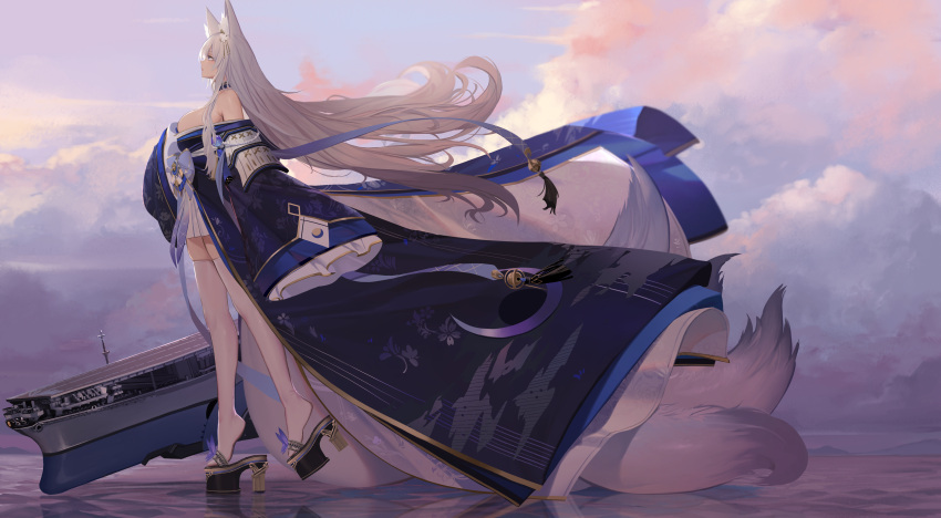 1girl absurdres animal_ear_fluff animal_ears artist_name azur_lane blue_kimono breasts clouds cloudy_sky commentary dishwasher1910 english_commentary english_text flight_deck fox_ears fox_girl fox_tail from_side highres huge_breasts japanese_clothes kimono kitsune kyuubi large_tail loading_screen long_hair military multiple_tails official_art rigging shinano_(azur_lane) sideboob skirt sky solo tail thigh-highs very_long_hair violet_eyes walking walking_on_liquid white_hair white_skirt white_tail white_thighhighs wide_shot wind wind_lift
