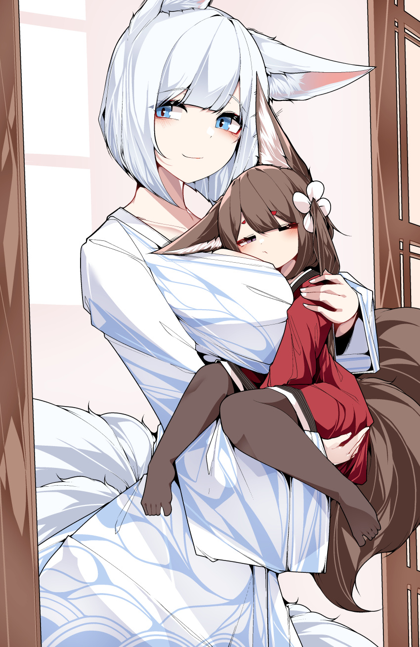 2girls absurdres amagi-chan_(azur_lane) azur_lane blue_eyes breast_pillow breasts brown_hair brown_pantyhose brown_tail carrying carrying_person collarbone commentary dated_commentary flower fox_girl fox_tail hair_flower hair_ornament hand_on_another's_shoulder highres indoors japanese_clothes kaga_(azur_lane) kimono kitsune kyuubi large_breasts long_hair looking_at_viewer multiple_girls multiple_tails one_eye_closed pantyhose red_kimono samip short_hair sleepy smile tail violet_eyes white_hair white_kimono white_tail