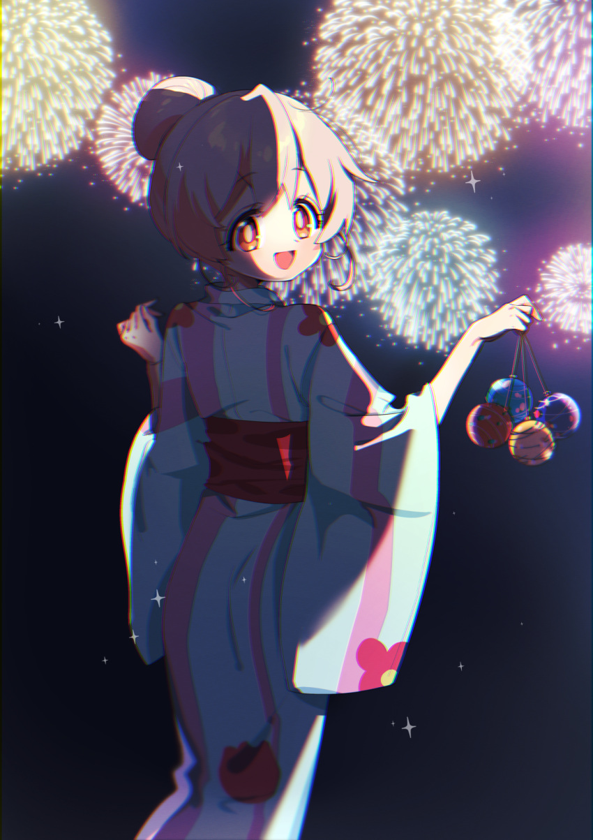 1girl :d aerial_fireworks brown_eyes chromatic_aberration commentary fireworks floral_print from_behind grey_hair hair_bun hair_up highres japanese_clothes kimono looking_at_viewer looking_back motituki0 onii-chan_wa_oshimai! open_mouth oyama_mahiro print_kimono sash smile solo water_balloon wide_sleeves yukata