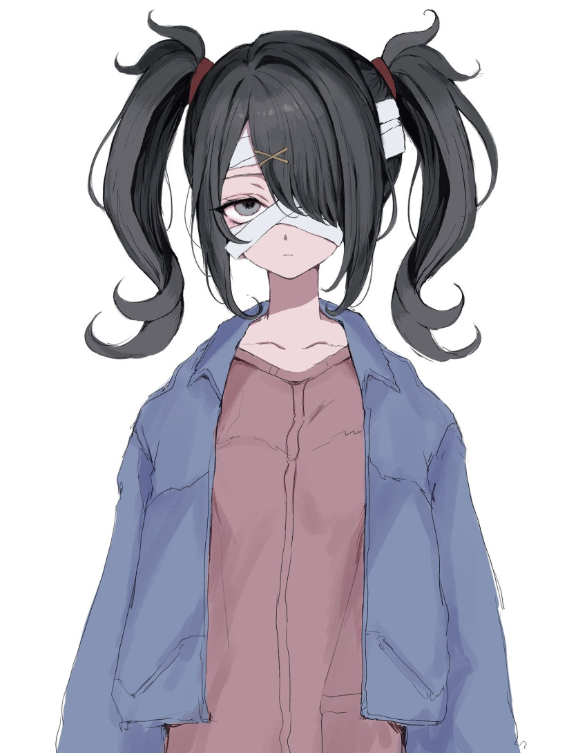 1girl ame-chan_(needy_girl_overdose) bandage_over_one_eye bandaged_head bandages black_hair blue_jacket expressionless grey_eyes hair_ornament hair_over_one_eye highres jacket looking_at_viewer medium_hair needy_girl_overdose open_clothes open_jacket simple_background sketch solo twintails upper_body white_background x_hair_ornament yuyuyuyhz