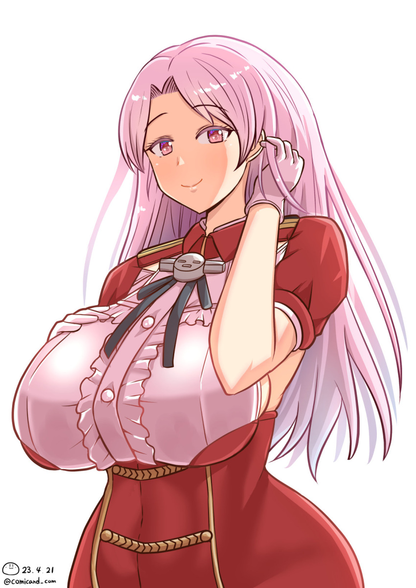 1girl armpit_cutout breasts clothing_cutout commentary_request cowboy_shot dated frilled_shirt frills gloves highres kantai_collection large_breasts long_hair luigi_di_savoia_duca_degli_abruzzi_(kancolle) military military_uniform one-hour_drawing_challenge pink_eyes pink_hair red_skirt shiromaru_(maniado) shirt simple_background skirt solo standing twitter_username uniform white_background white_gloves white_shirt