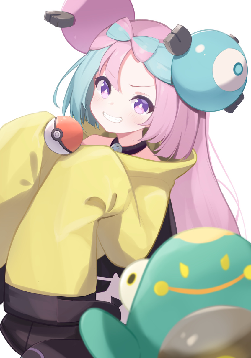 1girl absurdres bellibolt blush bright_pupils character_hair_ornament commentary_request green_hair grin hair_ornament hands_up highres iono_(pokemon) jacket long_hair multicolored_hair pink_hair poke_ball poke_ball_(basic) pokemon pokemon_(creature) pokemon_(game) pokemon_sv rokukarashi sleeves_past_fingers sleeves_past_wrists smile teeth two-tone_hair violet_eyes white_background yellow_jacket