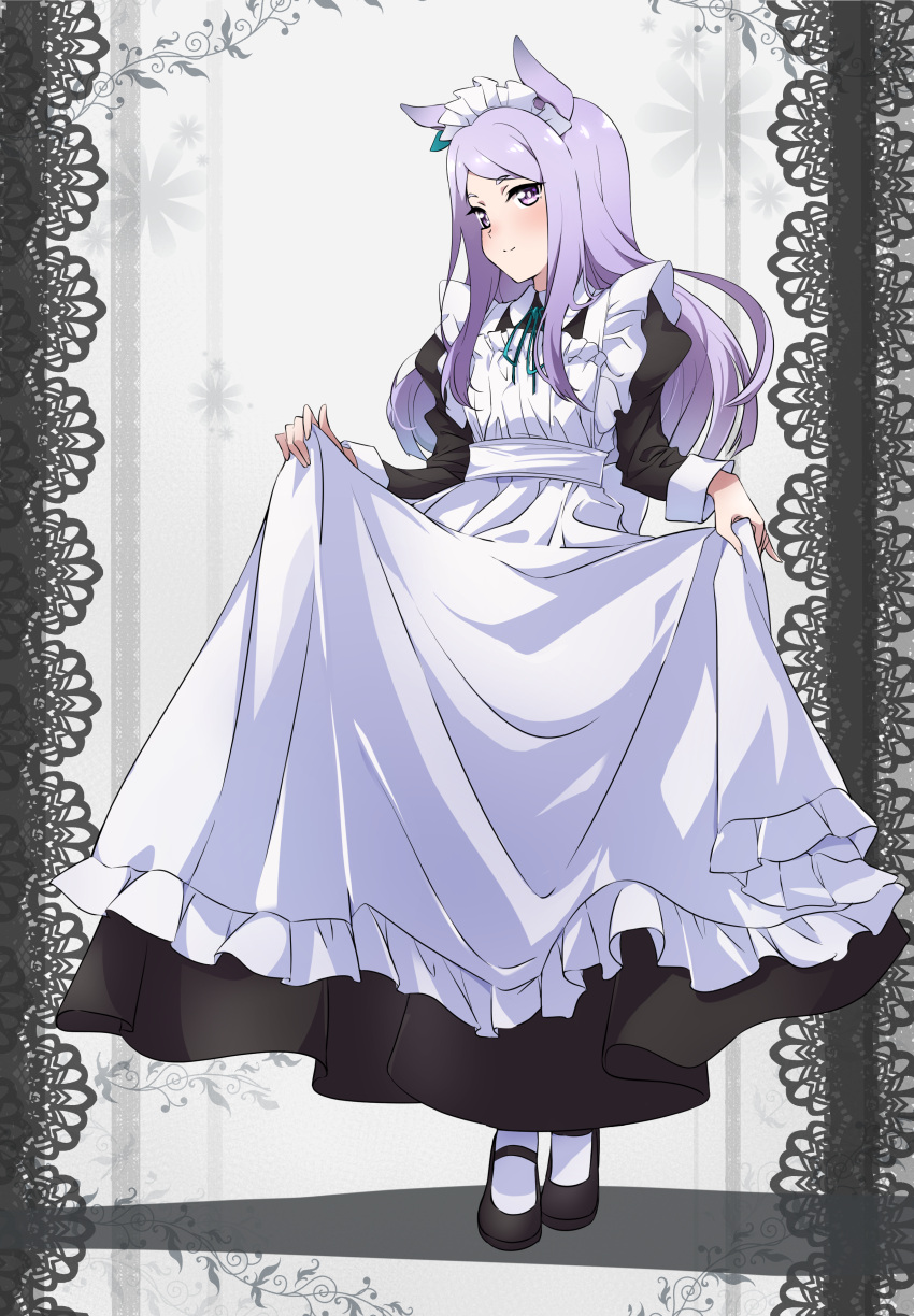 1girl absurdres alternate_costume animal_ears apron blue_eyes breasts closed_mouth clothes_lift enmaided full_body highres horse_ears long_hair looking_at_viewer maid maid_headdress mejiro_mcqueen_(umamusume) purple_hair simple_background skirt skirt_lift small_breasts solo standing tokiani umamusume violet_eyes white_background
