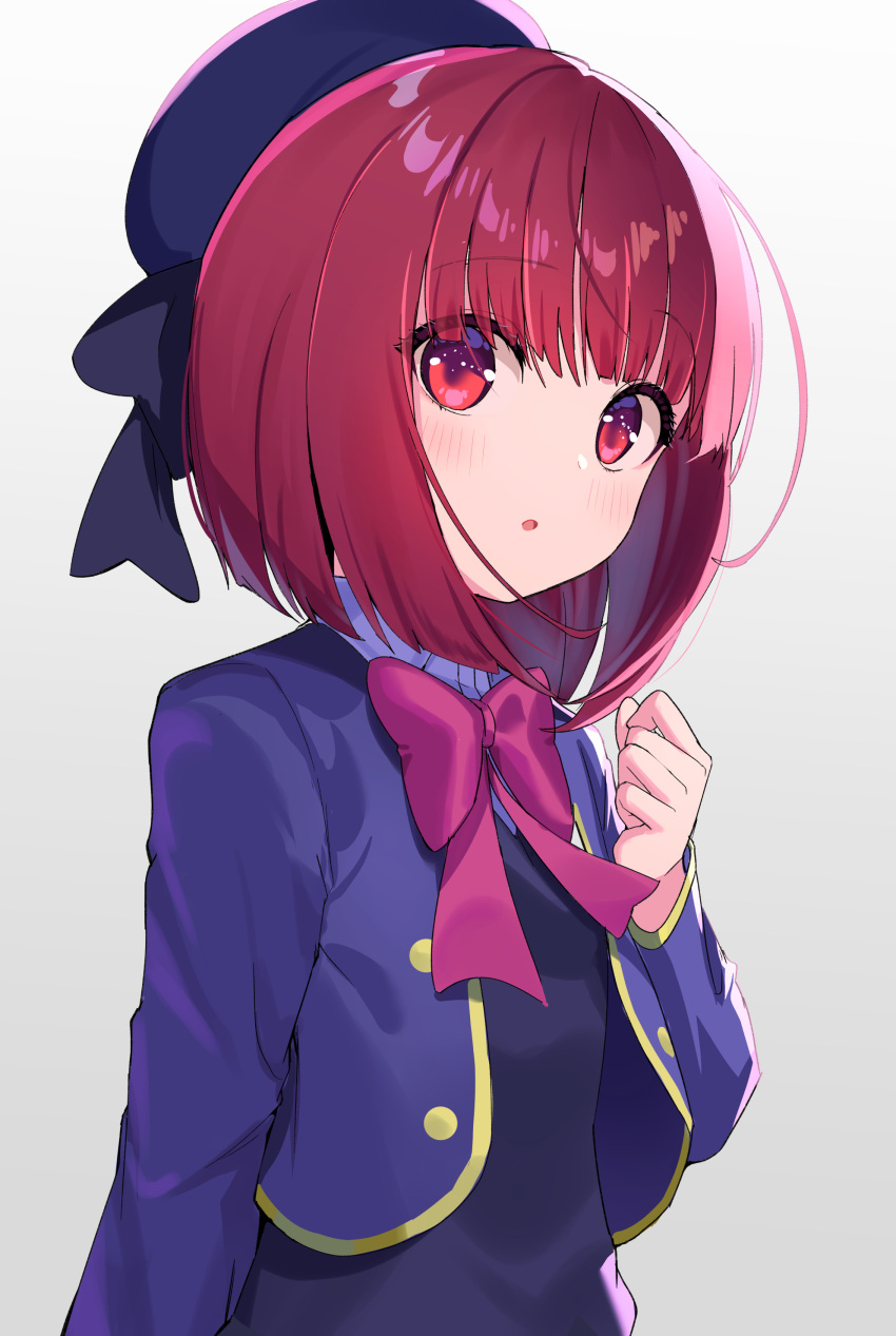 1girl :o absurdres arima_kana beret black_dress blue_headwear blue_jacket blush bow collared_shirt commentary cropped_jacket dress gradient_background grey_background hand_up hat highres jacket long_sleeves looking_at_viewer ohihil open_clothes open_jacket oshi_no_ko parted_lips pink_bow red_eyes redhead shirt solo white_background white_shirt