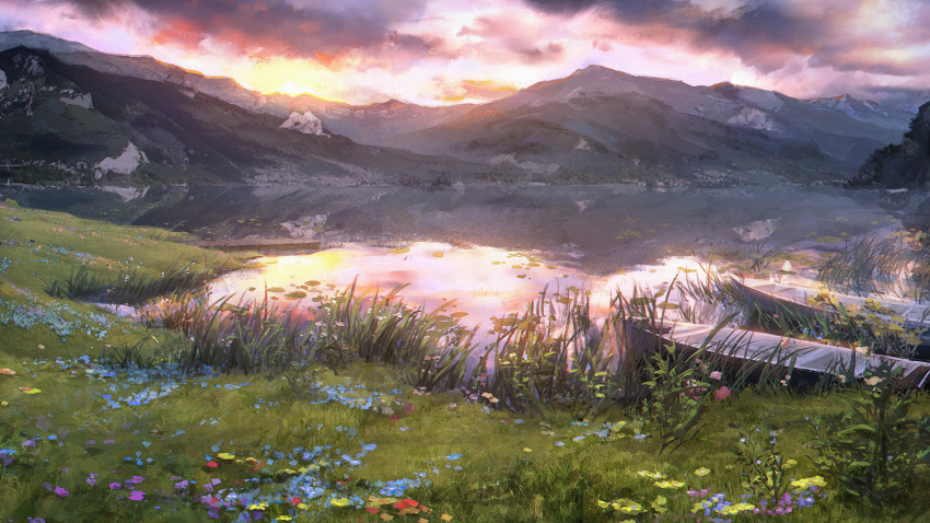 absurdres blue_flower boat chinese_commentary clouds cloudy_sky commentary_request flower girls_frontline grass highres jetty lake lily_pad manha_utsutsuki mountainous_horizon no_humans official_art outdoors purple_flower reflection reflective_water scenery sky tall_grass twilight water watercraft yellow_flower