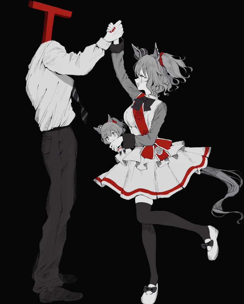 1boy 1girl animal_ears aston_machan_(umamusume) black_background bow bowtie character_doll crown doll dress full_body hair_ornament hair_scrunchie highres holding holding_doll holding_hands horse_ears horse_girl horse_tail loafers long_sleeves mini_crown necktie one_side_up pants red_nails red_scrunchie sash scrunchie shirt shoes short_hair simple_background spot_color t-head_trainer tail thigh-highs tilted_headwear trainer_(umamusume) umamusume wavy_hair yuyuyuyhz zettai_ryouiki