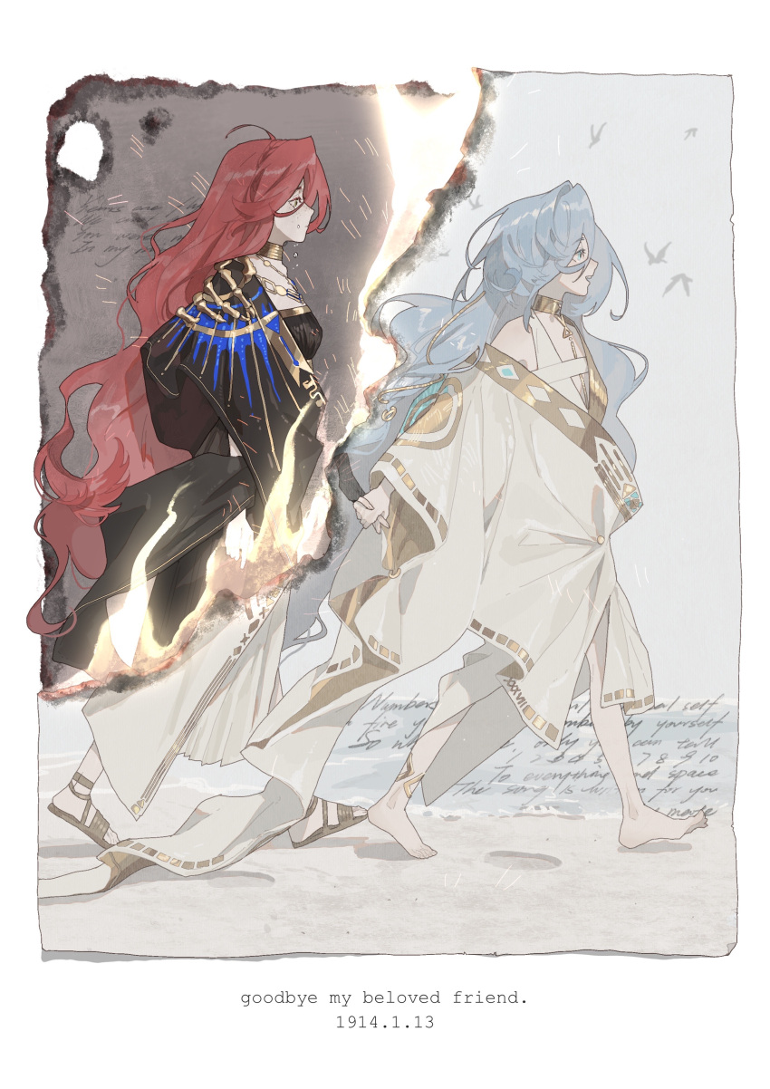 2girls 37_(reverse:1999) absurdres ancient_greek_clothes barefoot black_dress blue_eyes blue_hair burning burnt chinese_commentary commentary_request dress english_text fire freckles frogggu from_side full_body greco-roman_clothes green_eyes highres holding_hands long_hair multiple_girls ocean photo_(object) profile red_hair reverse:1999 sand sandals simple_bird sophia_(manus_vindictae)_(reverse:1999) sophia_(reverse:1999) tears toga walking white_background