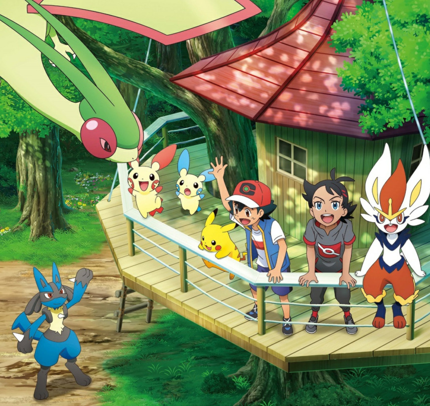 2boys antenna_hair ash_ketchum baseball_cap black_hair blue_eyes blue_shorts brown_eyes cinderace dark-skinned_male dark_skin goh_(pokemon) hat highres lucario male_focus minun multiple_boys official_art open_mouth pikachu plusle pokemon pokemon_(anime) pokemon_(creature) pokemon_journeys shoes shorts sleeveless sleeveless_jacket teeth tree treehouse upper_teeth_only waving