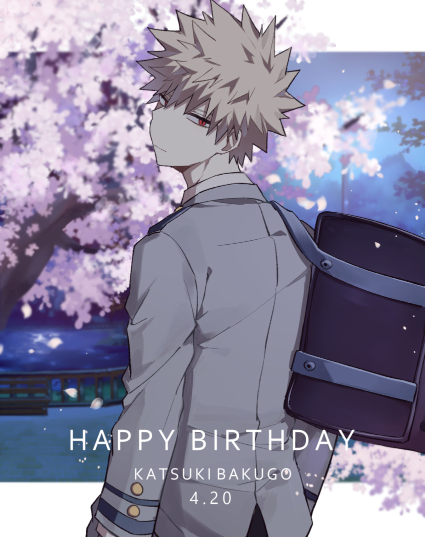 1boy :| bag bakugou_katsuki bench birthday black_outline blazer blonde_hair blue_sky blurry blurry_background boku_no_hero_academia branch bridge cherry_blossoms cherry_tree closed_mouth coi_mha collared_shirt commentary double_horizontal_stripe eyebrows_hidden_by_hair falling_petals flower foreground_text from_behind grey_jacket hair_between_eyes hands_in_pockets happy_birthday highres jacket lake letterboxed long_sleeves looking_at_viewer looking_back male_focus mountain night outline outside_border petals pink_flower red_eyes school_uniform shirt short_hair shoulder_bag sideways_glance sky slit_pupils solo spiky_hair standing text_focus timestamp turning_head u.a._school_uniform upper_body v-shaped_eyebrows white_shirt