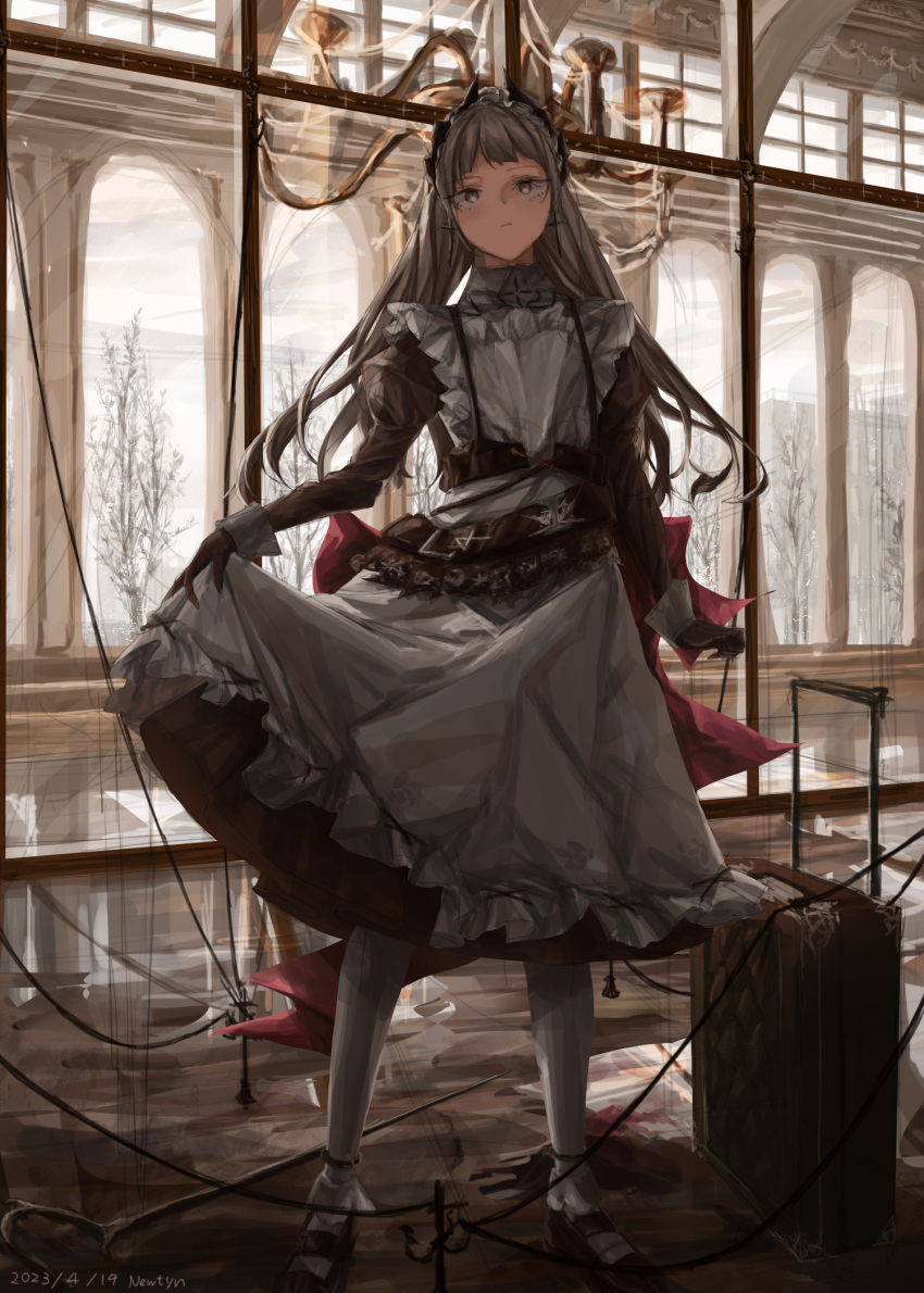 1girl anklet apron arknights black_dress bow chandelier closed_mouth commentary cross cross_earrings day dress earrings expressionless frilled_apron frills grey_eyes grey_hair head_wings highres indoors irene_(arknights) irene_(voyage_of_feathers)_(arknights) jewelry juliet_sleeves long_hair long_sleeves looking_at_viewer maid maid_apron maid_headdress mansion mary_janes new_t_y_n official_alternate_costume pantyhose puffy_sleeves red_bow red_pupils reflective_floor rope sanpaku shoes sketch skirt_hold sleeve_cuffs solo split_ponytail standing suitcase sunlight tree waist_bow white_apron white_pantyhose window wings wooden_floor