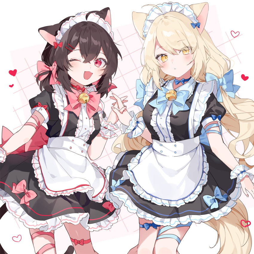 2girls ;d animal_ears apron black_dress black_hair blonde_hair breasts cat_ears cat_girl cat_tail commission dress expressionless fang frilled_dress frills highres holding_hands interlocked_fingers long_hair looking_at_viewer maid maid_apron maid_headdress medium_hair mokyuko multiple_girls one_eye_closed open_mouth original puffy_short_sleeves puffy_sleeves red_eyes short_sleeves skeb_commission smile tail yellow_eyes