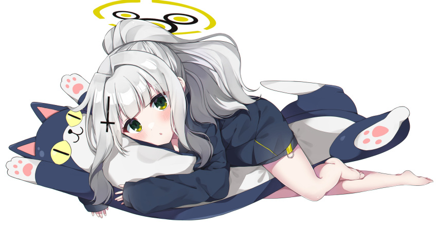 1girl absurdres animal_pillow barefoot black_hoodie blue_archive blunt_bangs blush body_pillow cross_hair_ornament green_eyes hair_ornament halo hare_(blue_archive) highres hood hoodie long_sleeves looking_at_viewer lying murase48 object_hug on_stomach parted_lips pillow pillow_hug ponytail sidelocks simple_background sleeves_past_wrists solo stuffed_animal stuffed_cat stuffed_toy white_background white_hair