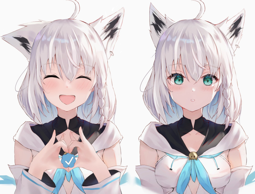 1girl :d ^_^ ahoge animal_ear_fluff animal_ears bare_shoulders black_collar blue_neckerchief blush braid breasts closed_eyes collar commentary_request crossed_bangs eyelashes eyes_visible_through_hair facing_viewer fox_ears fox_girl fox_shadow_puppet green_eyes hair_between_eyes happy heart heart_hands highres hololive hood hood_down large_breasts long_hair looking_at_viewer multiple_views neckerchief open_mouth parted_lips sad shirakami_fubuki simple_background single_braid smile tears twitter_verified_checkmark uechin_ewokaku upper_body virtual_youtuber white_background white_hair