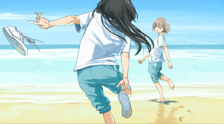 2girls beach black_hair blue_pants blue_sky blush breasts day footprints from_behind grey_hair highres idolmaster idolmaster_shiny_colors long_hair mayuzumi_fuyuko multiple_girls narihayao ocean open_mouth outstretched_arm pants serizawa_asahi shadow shirt shoes shoes_removed short_hair short_sleeves sky small_breasts smile sneakers soles sparkle standing t-shirt throwing track_pants white_shirt