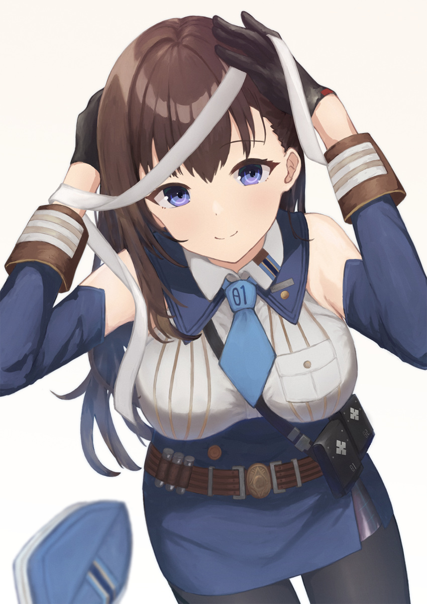 1girl bandages belt_pouch between_breasts black_gloves blue_headwear blue_necktie blue_ribbon blue_sleeves breasts brown_hair clothes_writing collared_shirt detached_sleeves garrison_cap gloves goddess_of_victory:_nikke hair_ribbon hat herfstijl highres large_breasts light_blush long_hair looking_at_viewer marian_(nikke) necktie pouch ribbon shirt short_necktie simple_background smile solo strap strap_between_breasts violet_eyes