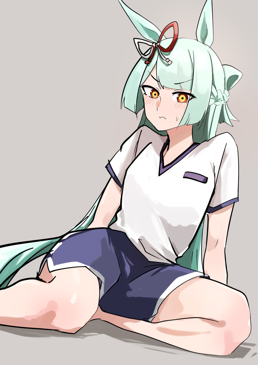 1girl absurdres animal_ears blue_shorts blush braid closed_mouth commentary crown_braid ear_ribbon folded_ponytail frown fujimasa_march_(umamusume) full_body green_hair grey_background gym_shirt gym_shorts gym_uniform highres horse_ears horse_girl horse_tail kakuteru_sudachi kasamatsu_tracen_training_uniform long_hair looking_at_viewer shirt short_sleeves shorts simple_background sitting solo straight_hair sweatdrop t-shirt tail umamusume umamusume:_cinderella_gray v-neck white_shirt yellow_eyes yokozuwari