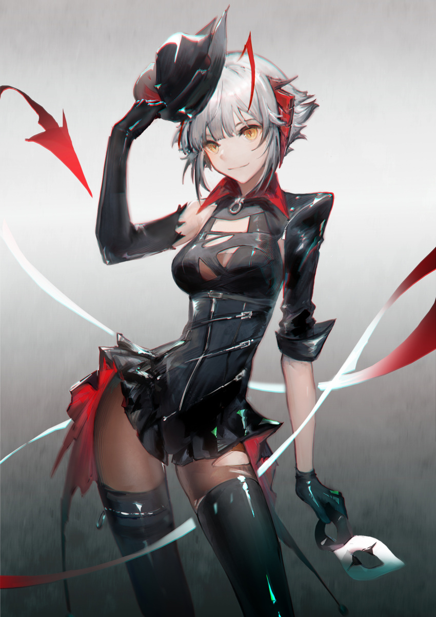ambience_synesthesia antenna_hair antennae arknights asymmetrical_clothes black_gloves black_leotard black_pantyhose contrapposto demon_horns demon_tail elbow_gloves eye_mask gloves grey_hair hand_up hat highres holding holding_clothes holding_hat holding_mask horns leotard mask pantyhose short_hair single_glove standing tail u9 w_(arknights)