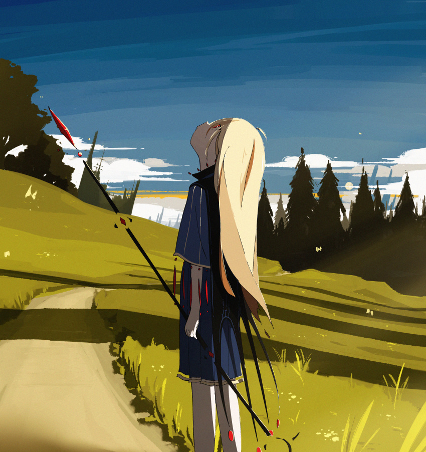 1girl absurdres ahoge arms_at_sides beads black_cape blonde_hair blue_dress blue_sky bug butterfly cape clip_studio_paint_(medium) clouds commentary_request day dress expressionless feet_out_of_frame from_side gold_trim grass harumaki_gohan head_back highres holding holding_staff long_hair looking_up original outdoors path pine_tree profile red_eyes short_dress short_sleeves sidelighting sky solo staff standing tree