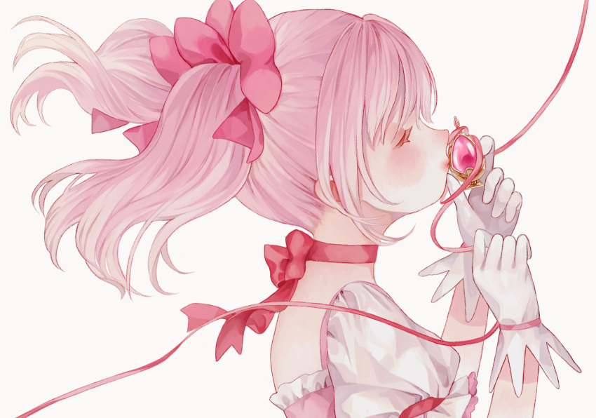 1girl blush choker close-up closed_eyes eyelashes floating_hair frilled_sleeves frills from_side gloves hair_between_eyes hair_ribbon hands_up highres holding holding_string kaname_madoka kiss kissing_object lips mahou_shoujo_madoka_magica mo_sakana pale_color pink_hair pink_ribbon pink_theme profile puffy_short_sleeves puffy_sleeves red_choker red_ribbon ribbon ribbon_choker short_sleeves sidelocks simple_background solo soul_gem string twintails upper_body white_background white_gloves
