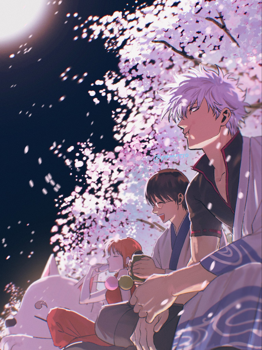 1girl 2boys animal black_hair cherry_blossoms closed_eyes commentary_request cup dango dog drinking food full_moon gintama glasses hadanugi_dousa highres holding holding_cup japanese_clothes kagura_(gintama) kimono long_sleeves moon multiple_boys night open_mouth orange_hair outdoors oversized_animal petals popped_collar profile red_eyes sadaharu sakata_gintoki shimura_shinpachi shirt short_hair short_sleeves sitting sky smile tree wagashi white_hair yamo510