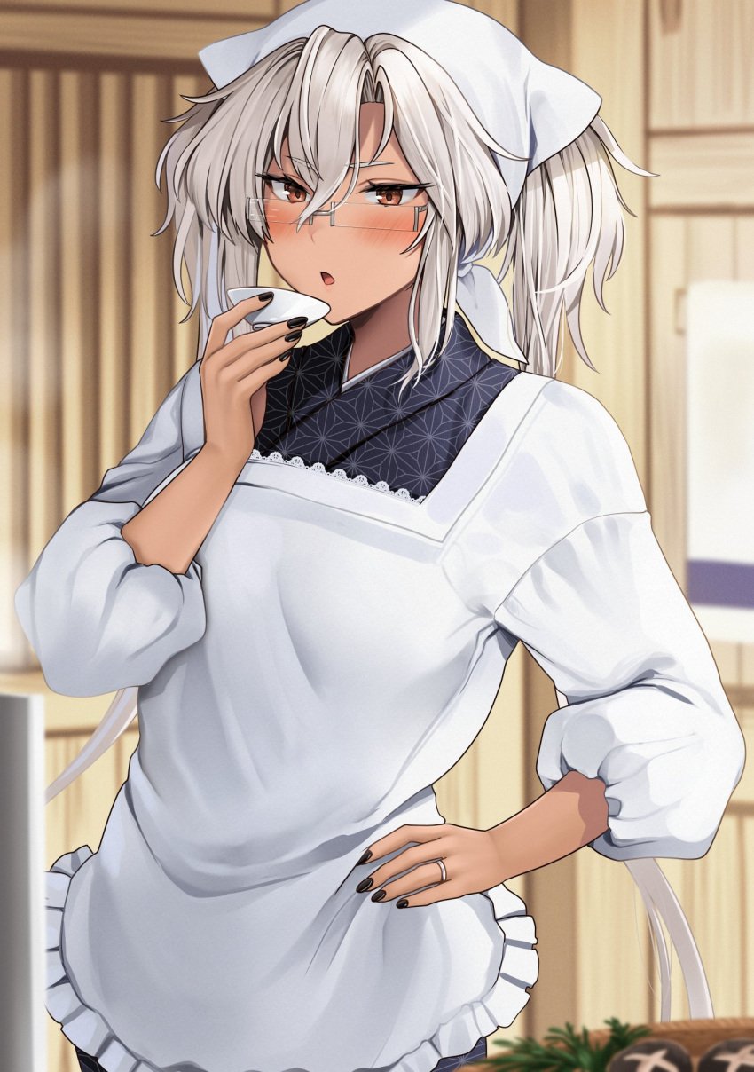 1girl alternate_costume apron black_nails blowing commentary_request cup dark-skinned_female dark_skin glasses grey_hair hair_between_eyes hand_on_own_hip head_scarf highres holding holding_cup indoors japanese_clothes jewelry kantai_collection long_hair musashi_(kancolle) open_mouth ring semi-rimless_eyewear solo twintails wedding_ring white_headwear yunamaro