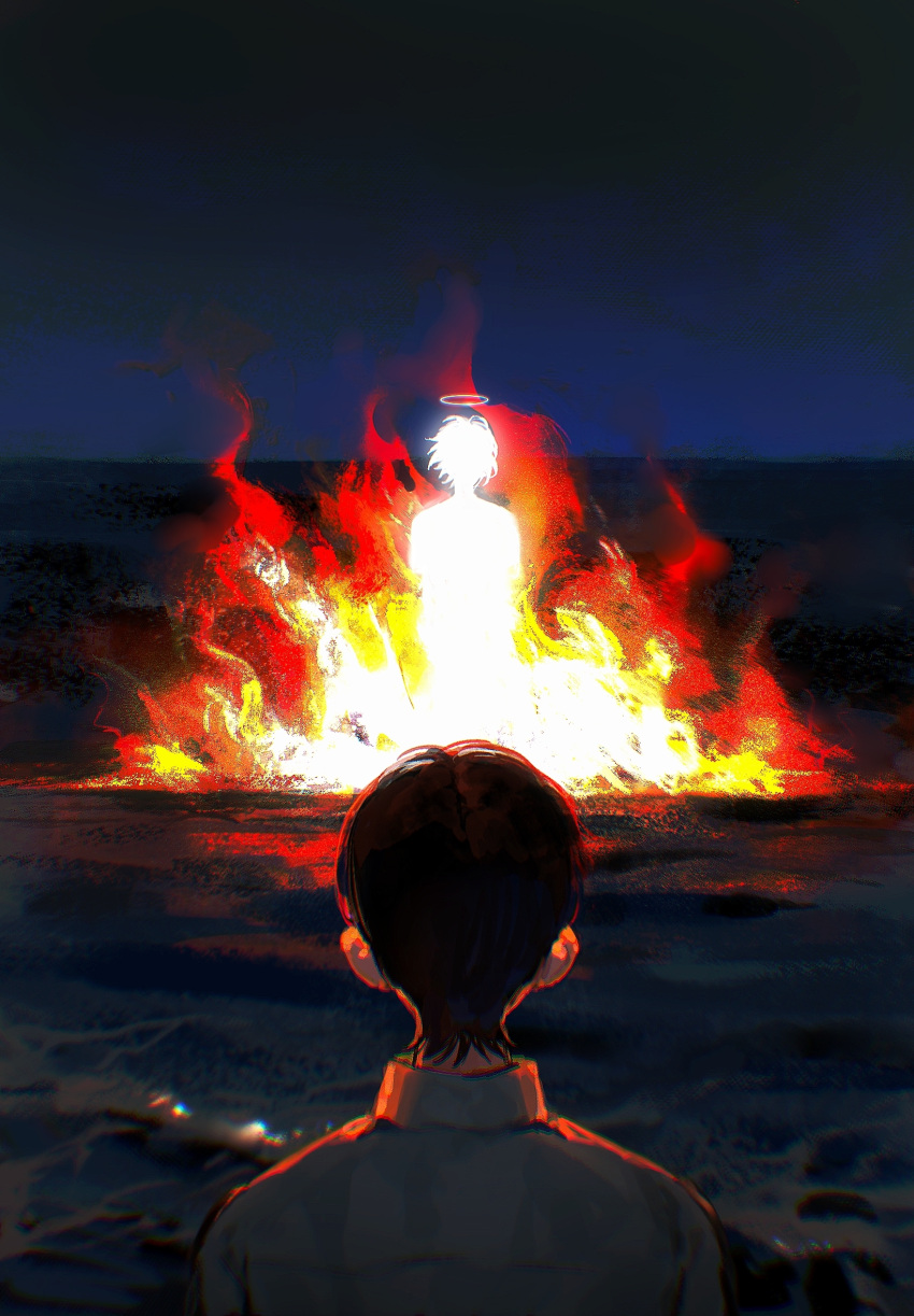 2boys black_hair blue_sky burning chunrinaiming facing_another facing_away fire from_behind glowing grey_shirt halo highres horizon ikari_shinji male_focus multiple_boys nagisa_kaworu neon_genesis_evangelion night ocean outdoors shirt short_hair silhouette sky standing surreal water