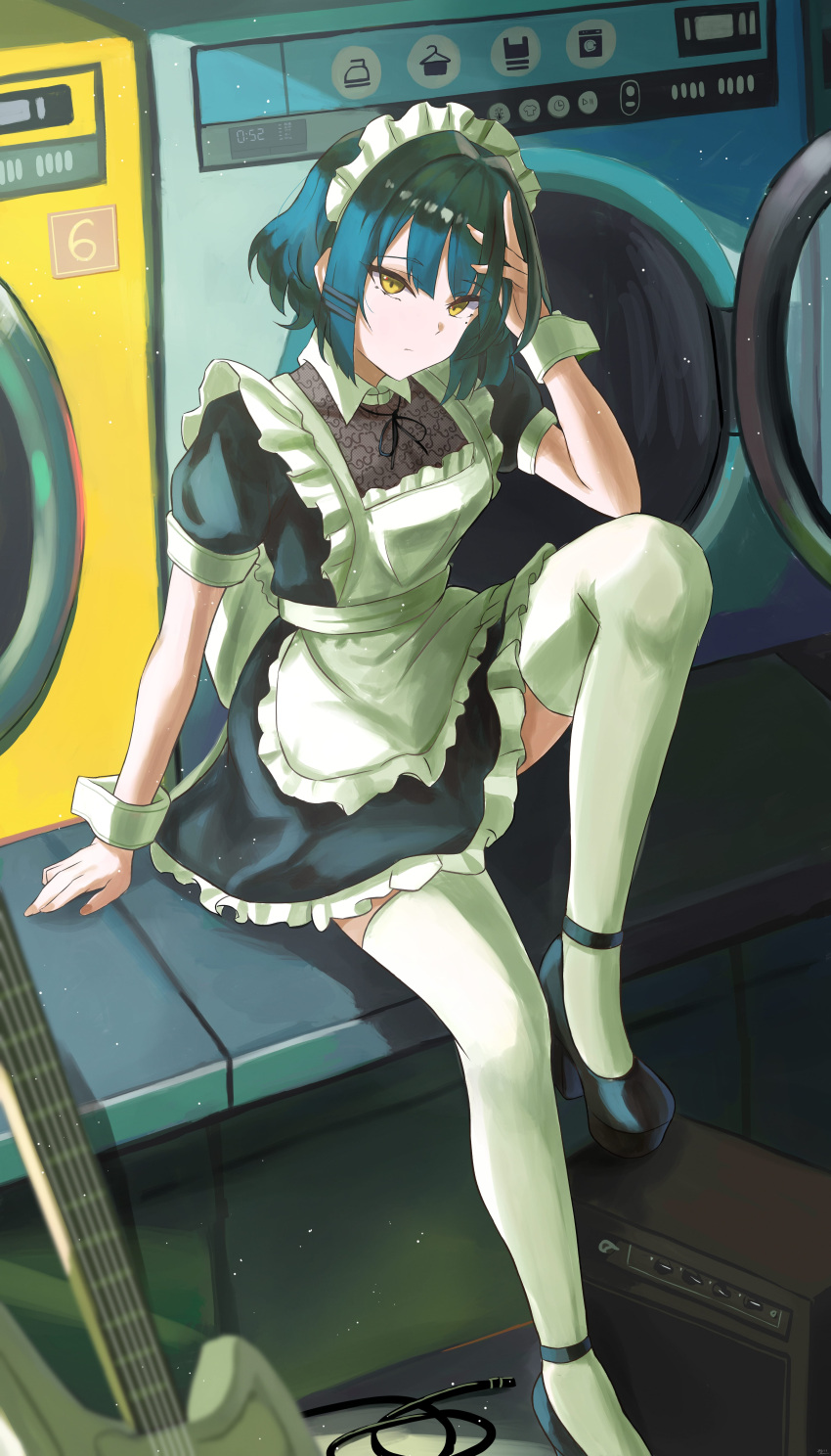 1girl absurdres alternate_costume amplifier apron blue_hair bocchi_the_rock! dress electric_guitar enmaided frilled_apron frilled_dress frills guitar high_heels highres instrument laundromat legs looking_at_viewer maid maid_apron maid_headdress short_hair sitting solo thigh-highs washing_machine yamada_ryou yato_(yama0x1) yellow_eyes