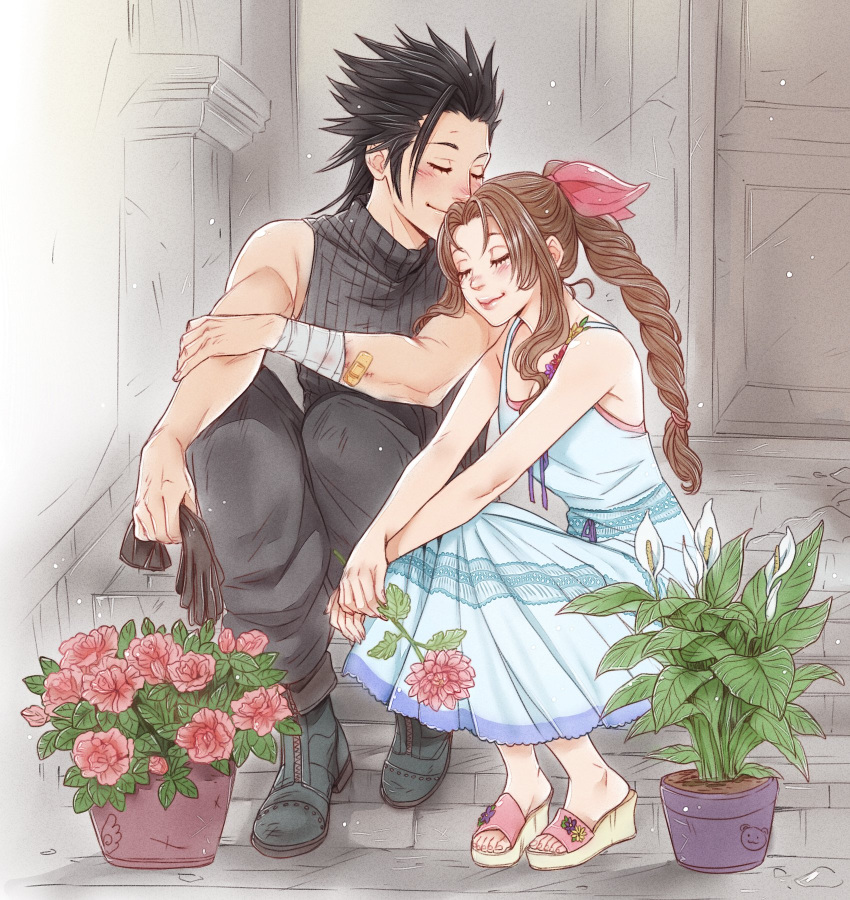1boy 1girl aerith_gainsborough bandaged_arm bandages bandaid bandaid_on_arm bare_shoulders black_footwear black_gloves black_hair black_pants blush boots braid braided_ponytail brown_hair bruise closed_eyes closed_mouth commentary couple crisis_core_final_fantasy_vii crylin6 dress final_fantasy final_fantasy_vii flower full_body gloves gloves_removed hair_ribbon head_on_another's_shoulder highres holding holding_flower injury long_hair pants parted_bangs pink_flower pink_ribbon plant potted_plant ribbon sandals sidelocks sitting sleeveless sleeveless_dress sleeveless_turtleneck smile spiky_hair sundress sweater symbol-only_commentary turtleneck turtleneck_sweater zack_fair