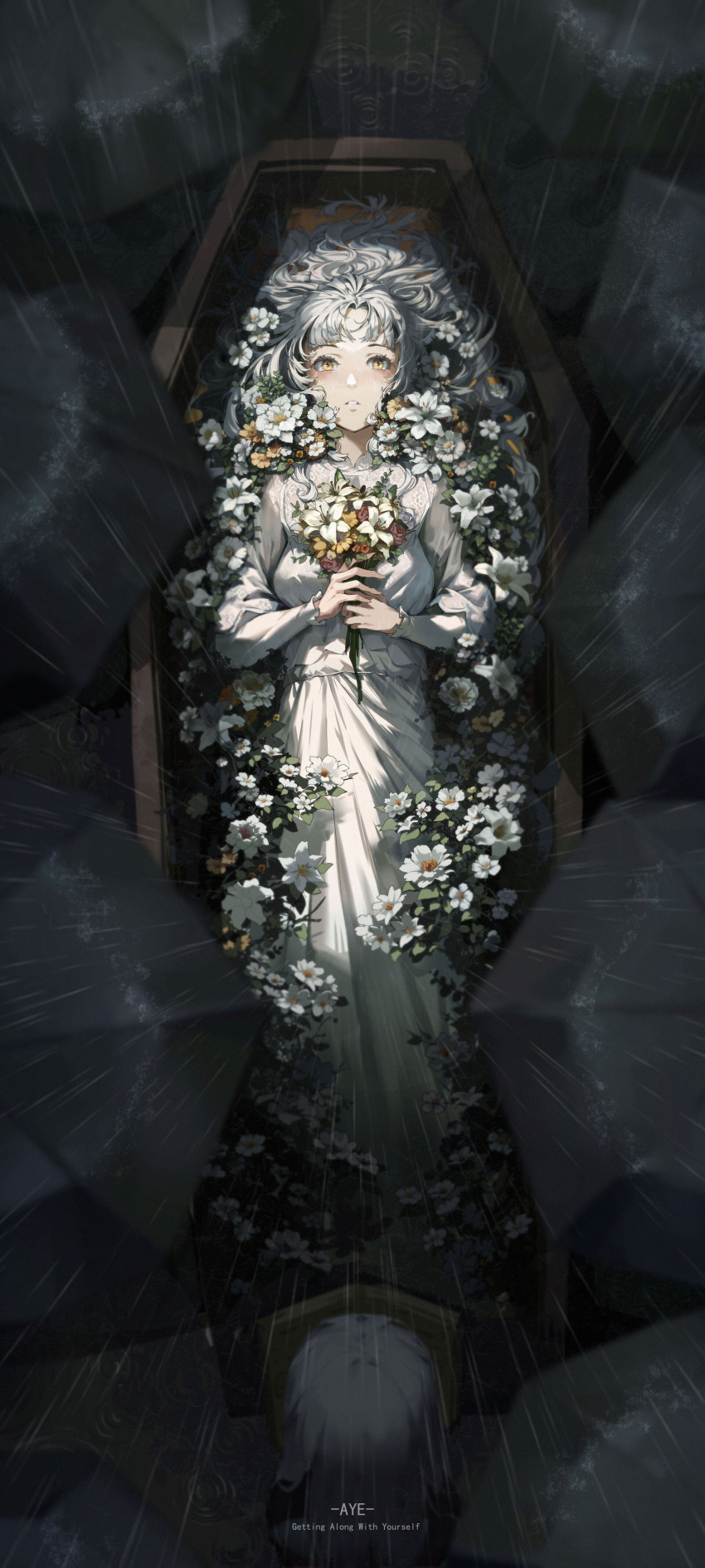 1girl absurdres artist_request bouquet character_request coffin copyright_request flower highres lily_(flower) long_hair long_sleeves looking_at_viewer lying night non-web_source parted_lips rain shirt solo source_request umbrella white_hair white_shirt yellow_eyes
