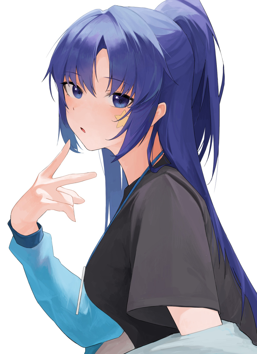 1girl absurdres black_shirt blue_archive blue_eyes blue_hair blue_jacket blush breasts facial_tattoo hair_between_eyes hand_up highres inakanoinonaka jacket long_hair long_sleeves looking_at_viewer medium_breasts open_clothes open_jacket open_mouth ponytail puffy_long_sleeves puffy_sleeves shirt short_ponytail short_sleeves sidelocks simple_background sitting solo star_(symbol) star_tattoo t-shirt tattoo tongue white_background
