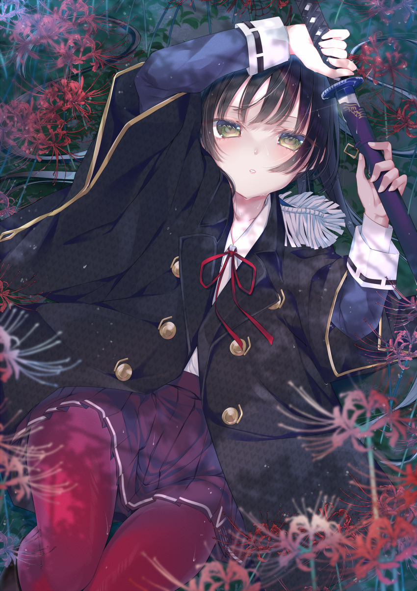 black_hair black_skirt buttons flower green_eyes heaven_burns_red highres katana lying natsume_inori on_back pantyhose pleated_skirt red_pantyhose skirt spider_lily sword tenti0619 weapon