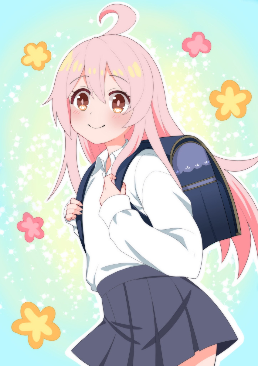 1girl ahoge alternate_costume backpack bag black_skirt brown_eyes chjk000 commentary_request hair_between_eyes highres holding_strap light_blush long_hair long_sleeves looking_at_viewer onii-chan_wa_oshimai! outline oyama_mahiro pink_hair pleated_skirt shirt simple_background skirt smile solo white_outline white_shirt