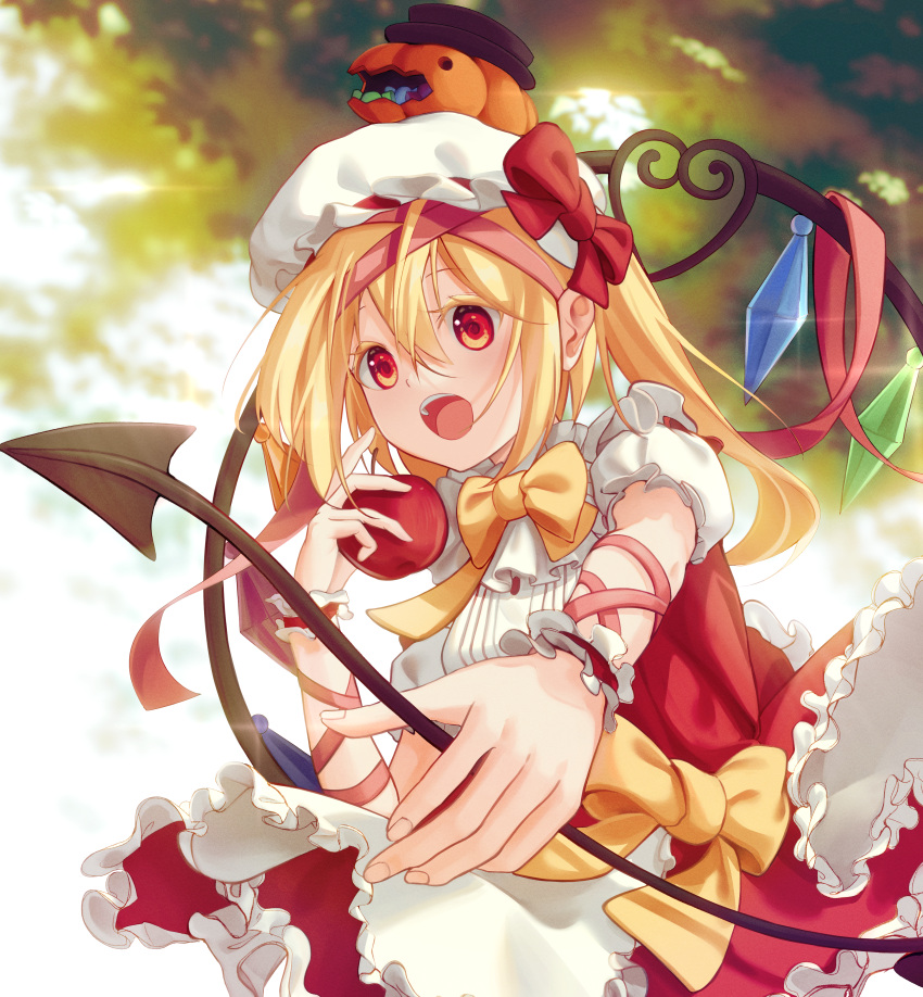 1girl absurdres adapted_costume apple arm_ribbon blonde_hair bow breasts collar crystal dress flandre_scarlet food foreshortening frilled_collar frills from_below fruit hair_between_eyes hair_ribbon hat hat_bow highres holding holding_food holding_fruit jack-o'-lantern laevatein_(touhou) lazy_cat mob_cap one_side_up open_mouth red_apple red_bow red_dress red_eyes ribbon short_sleeves small_breasts solo teeth touhou upper_teeth_only wings wrist_cuffs yellow_bow
