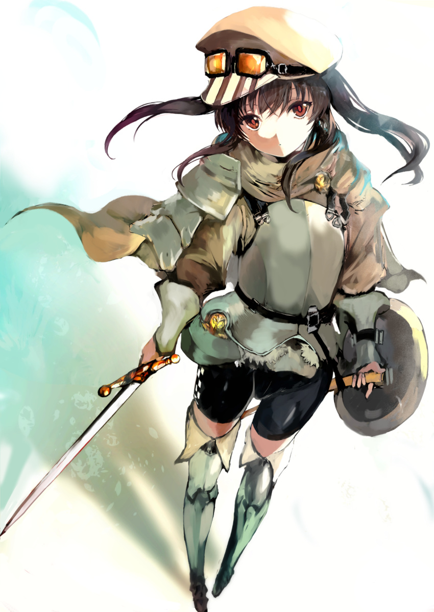 1girl agulo armor belt bike_shorts black_hair boots breastplate buckle el_mofus_4_(rance_10) expressionless full_body goggles goggles_on_headwear hat highres holding holding_sword holding_weapon looking_at_viewer rance_(series) rance_10 red_eyes shadow shield simple_background solo sword thigh_boots twintails weapon