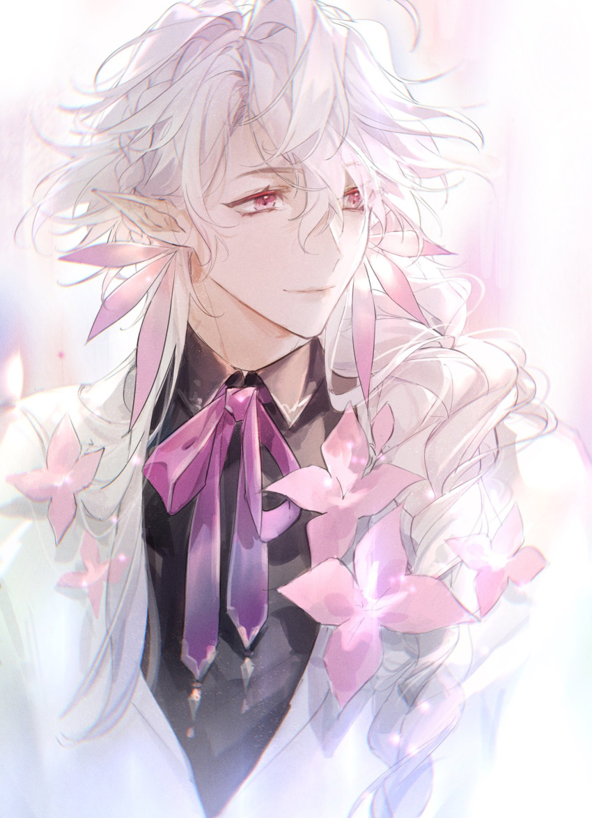 1boy black_shirt cloak e_(h798602056) fate/grand_order fate_(series) flower highres looking_to_the_side male_focus merlin_(fate) neck_ribbon pink_eyes pink_flower pink_ribbon pointy_ears ribbon shirt short_hair smile solo upper_body white_cloak white_hair